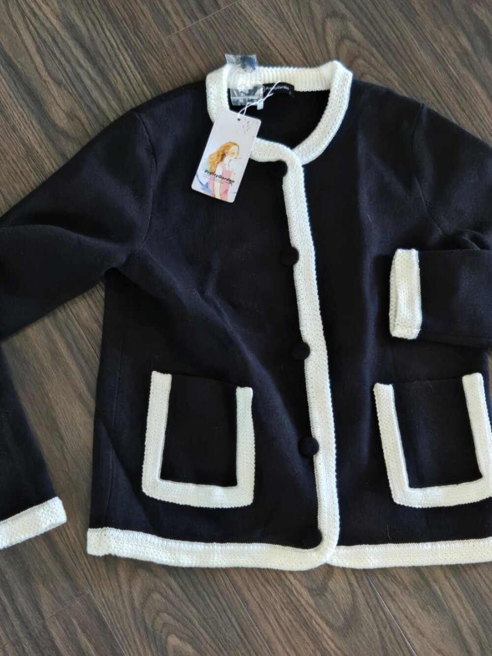 PRETTY GARDEN Classic Style Black Knit Cardigan w/ Crochet Trim NWT/SIZE S